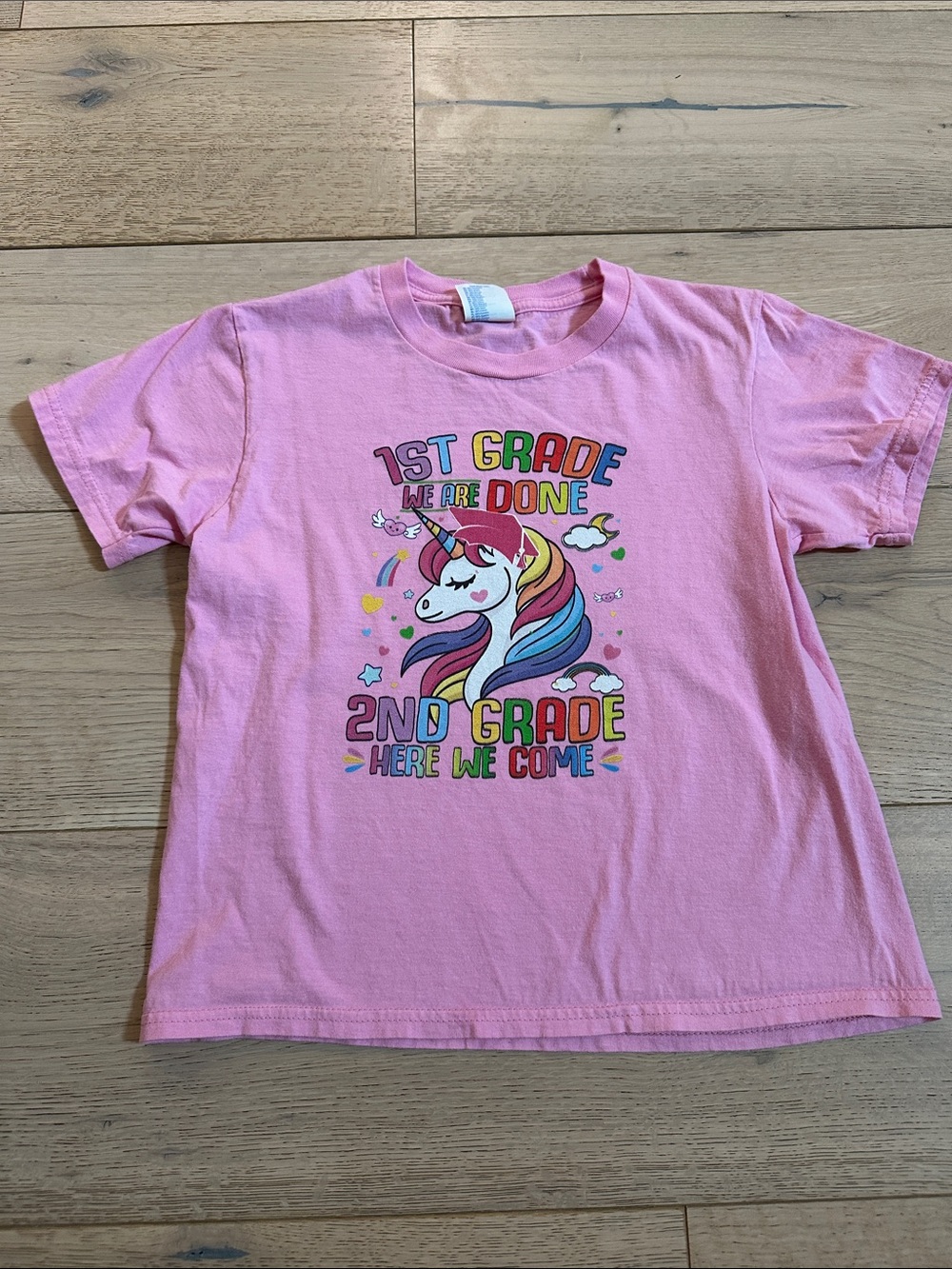 Amazon Pink Kids Tee with Rainbow Unicorn "1st Grade We Are Done"